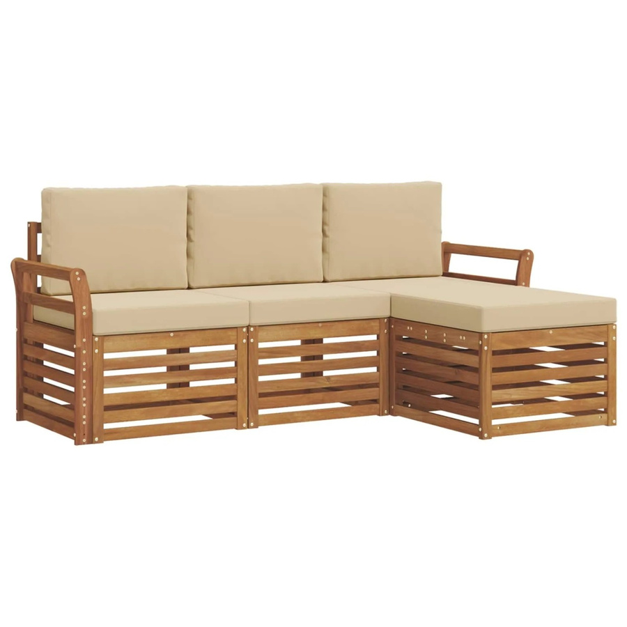 vidaXL Sofagarnitur 4-teilig aus Massivholz Akazie in Natur und Beige mit Sitz- und Rückenkissen im Latten-Design - Bild 2
