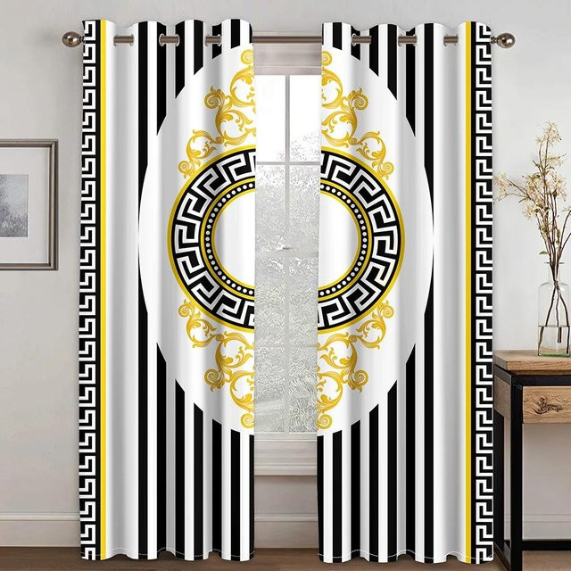 A Family Of Home Textiles Vorhänge im Boho-Stil mit 3D-Luxus-Muster in Schwarz und Gold, 2 Paneele, halbtransparent, B/H: 120 x 270 cm - Bild 1