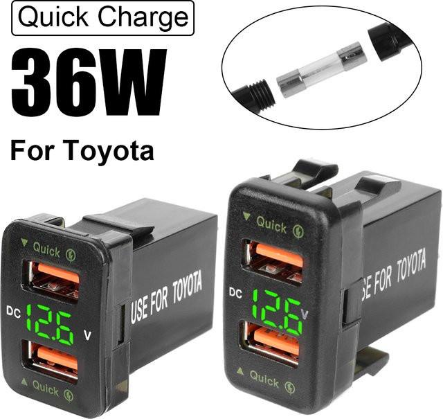 LEEPEE Dual USB Auto Ladegerät mit Voltmeter und Schnellladefunktion für Toyota, Schwarz, 12-24V - Bild 1
