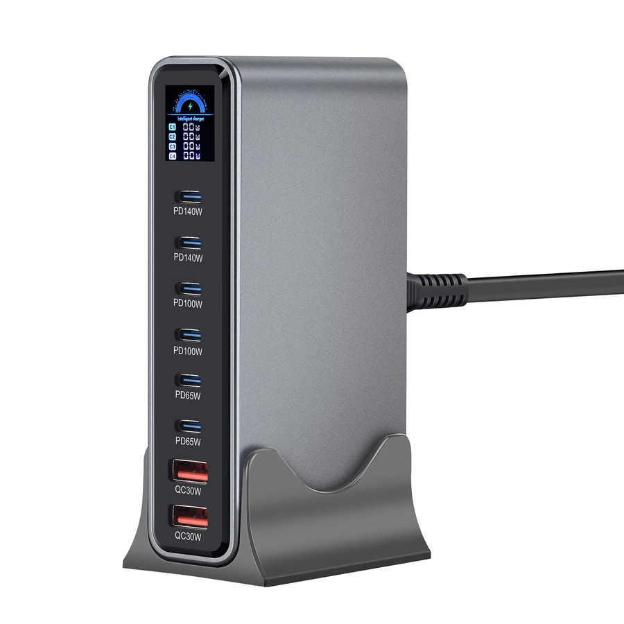 Deepartner 670W GaN Desktop-Schnellladestation mit Display, 8-Port-Ladegerät in Grau mit 140W USB-C-Anschluss für Handys und Tablets - Bild 3