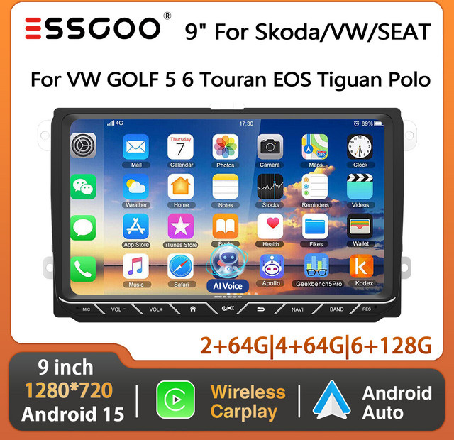 ESSGOO Android 15 Autoradio mit 9 Zoll Touchscreen, 4+64G, Bluetooth, Wireless Carplay, GPS, WiFi und KI Sprachsteuerung, Schwarz, passend für VW Tiguan Caddy EOS Jetta T5 Passat Polo 6R Golf 5 6 Touran - Bild 1