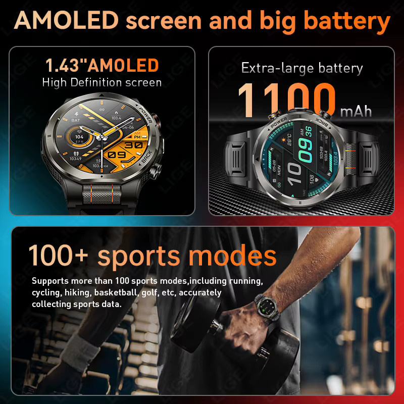 LIGE Militärische Smartwatch in Schwarz mit 1,43 Zoll AMOLED-Bildschirm, 1100mAh Akku, Bluetooth-Anruffunktion und 3ATM Wasserdichtigkeit - Bild 3