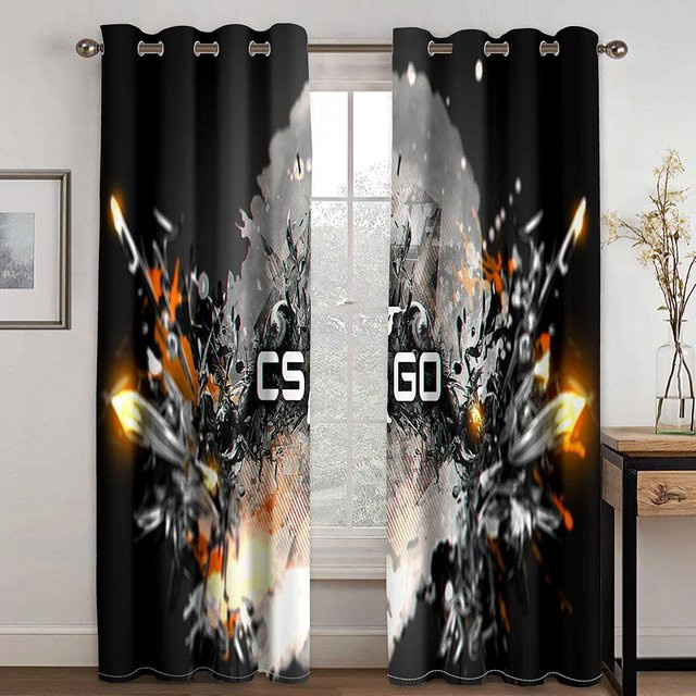Yiran Furniture 2er-Set Abdunkelungs-Fenstervorhänge mit 3D-Druck Motiv und Haken, Farbe: Schwarz, B/H: 150 x 166 cm - Bild 1