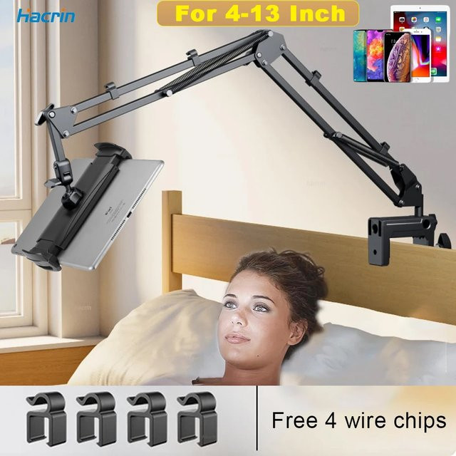 Hacrin Tablet-Ständer für das Bett mit langem Arm, verstellbare Halterung für 4 bis 12,9 Zoll iPad Pro, Xiaomi Pad und Samsung Tab, Schwarz - Bild 1