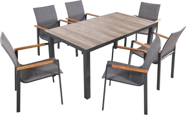 DELUKE Garten-Sitzgruppe FALK 7-teiliges Gartenmöbel-Set aus Teakholz und Keramik in Teaktelgrau mit Esstisch und Stapelstühlen - Bild 1