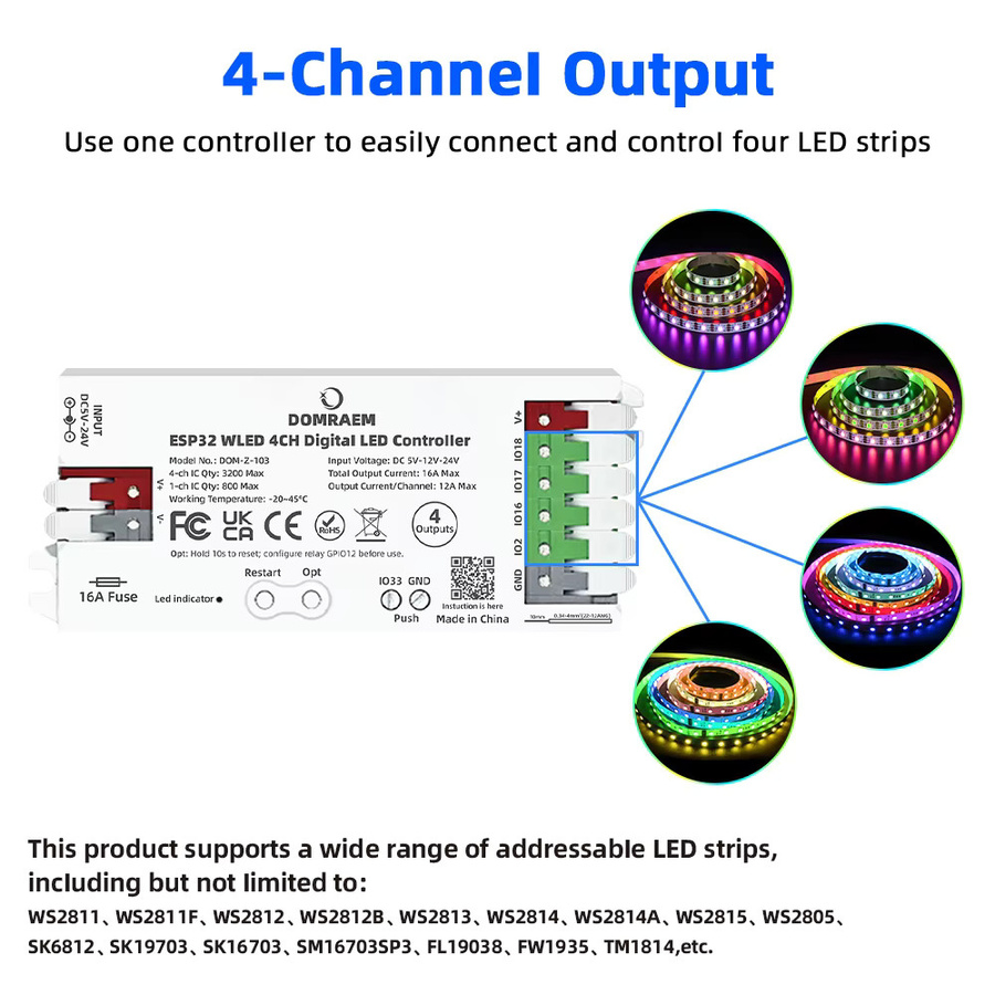 DOMRAEM 4-Kanal Adressierbarer ESP32 WLED-Controller mit Niedrigem Stromverbrauch, 16A Sicherung, DC5-24V Level-Shifter für WS2811 WS2812B SK6812 RGBIC LED-Streifen in Weiß - Bild 2