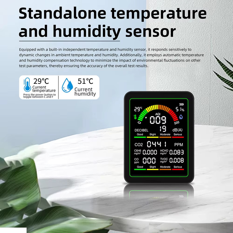 Gaqqee MT12 9-in-1 Luftqualitätsmonitor mit CO2-Detektor, Schallpegelmesser, Formaldehyd-Detektor sowie TVOC- und Temperatur-Feuchtigkeitsmonitor in Schwarz und Weiß - Bild 3
