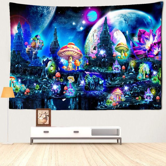 Super Six Wandteppich mit psychedelischem Pilz-Schloss-Motiv in Blau, B/H: 95 x 70 cm - Bild 1