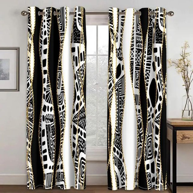 Yiran Furniture Vorhang Set mit abstraktem Streifenmuster in Schwarz und Gold, 2-teilig, semi-transparent, B: 120 cm, H: 270 cm - Bild 1