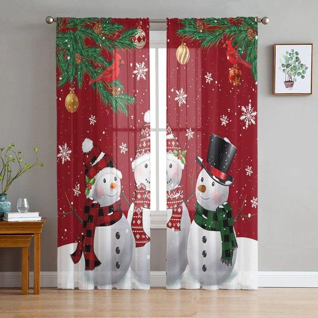 Transparente Tüll-Vorhänge mit Weihnachtsbaum, Schneemann und Schneeflocken in Rot und Braun, Breite: 135 cm, Höhe: 115 cm - Bild 1