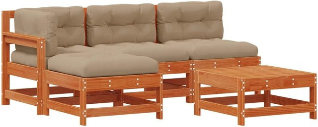 vidaXL Garten-Lounge-Set aus massivem Kiefernholz in Wachsbraun, 5-teiliges L-Shape Set mit wetterfesten Kissen - Bild 1