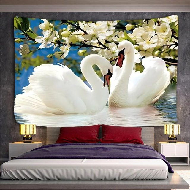 Romantischer Wandteppich mit Schwanen-Paar als Wandbehang für Schlafzimmer und Wohnzimmer, Mehrfarbig, B x H: 74 x 94 cm - Bild 1