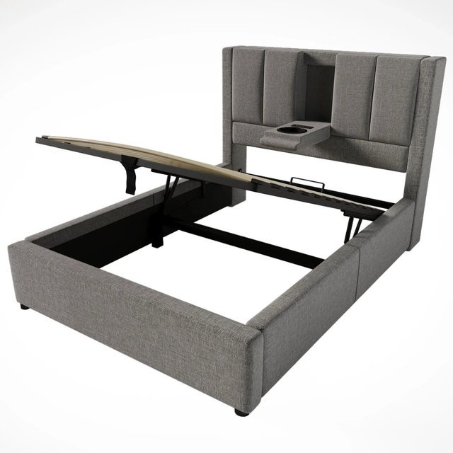okwish Polsterbett für Kinderzimmer in Grau mit USB-Ladeport, Nachttischregal und Becherhalter, B/T/H: 90 x 200 x 115 cm - Bild 1