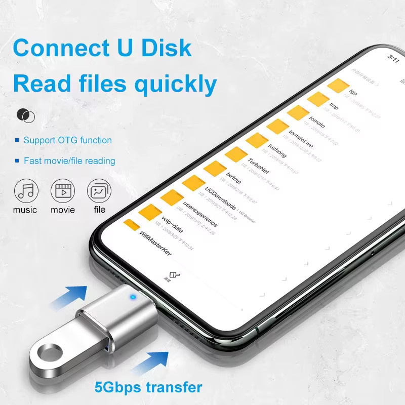 NNBILI USB 3.0 auf Typ-C Adapter mit LED OTG Funktion, USB-A auf USB-C Converter in Silber für Huawei, Samsung und Xiaomi - Bild 2