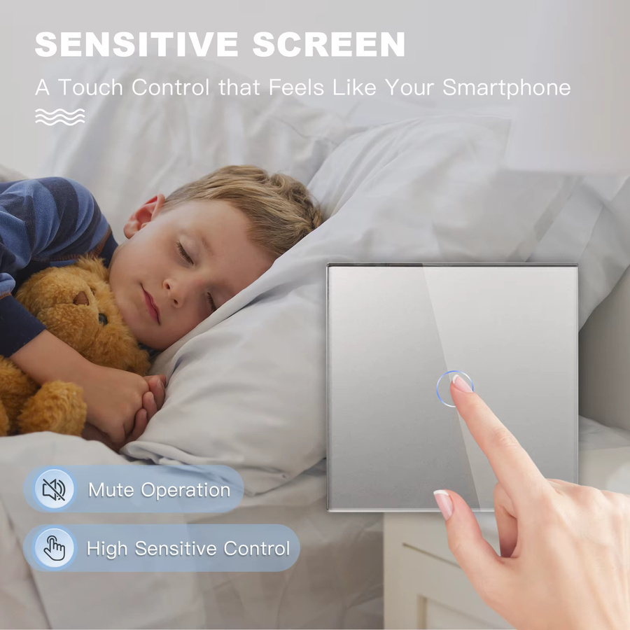 Bseed Wand-Touch-Lichtschalter mit EU-Steckdose und USB Typ C, quadratischer Glas-Lichtschalter mit blauer Hintergrundbeleuchtung, 230 V - Bild 2