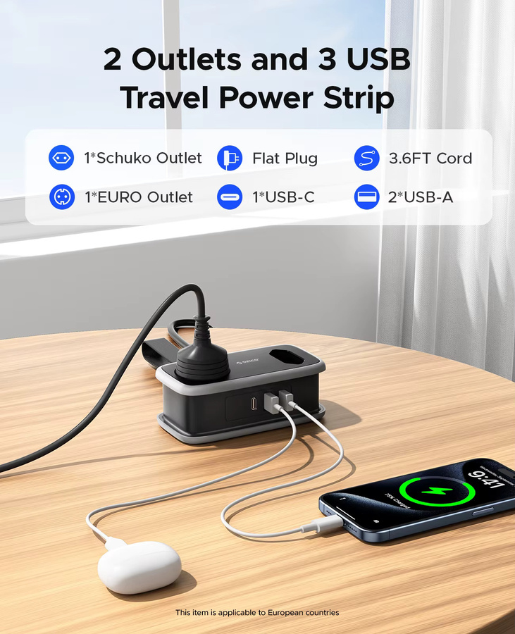 ORICO Steckdosenleiste mit 2 AC-Steckdosen und 2 USB-A Anschlüssen, 15,5 W Schnellladefunktion, Schwarz - Bild 2