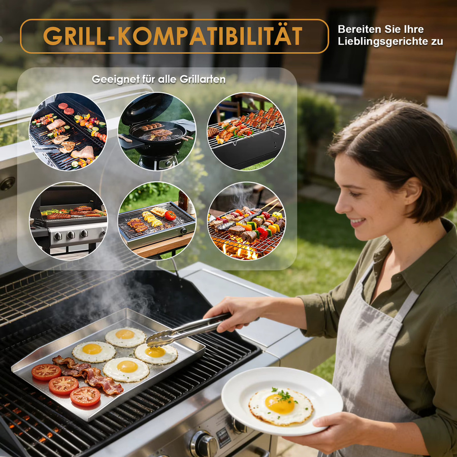 Antihaftbeschichtetes Backblech aus Edelstahl in Silber, B/T: 40,0 x 30,0 cm, ideal für Gas, Holzkohle und Elektrogrill - Bild 7