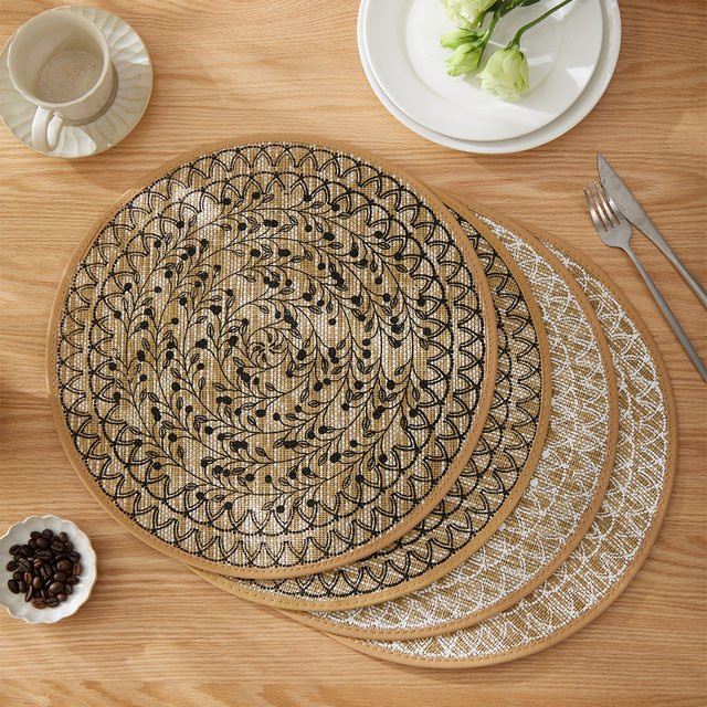 Bohemian Jute Tischsets Set, runde rutschfeste Platzsets mit floralem Design für Hochzeit und Heimdekoration, Durchmesser: 38 cm - Bild 1