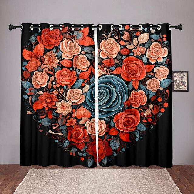 2er-Set Vintage Vorhänge mit rotem Rosenmuster und Herzdesign, halbtransparent, Farbe: Rot/Mehrfarbig, B: 50 cm, H: 130 cm - Bild 1
