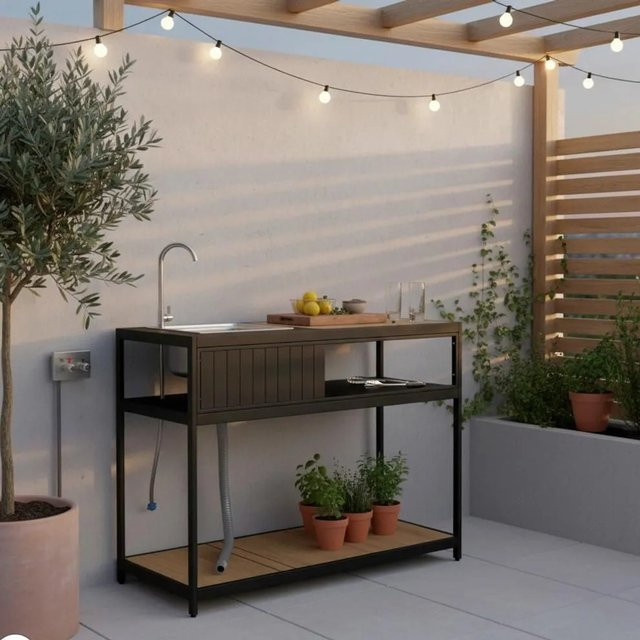 Bessagi Garden Outdoorküche Delia in Schwarz und Naturfarben mit Abdeckung und Edelstahl-Elementen - Bild 1
