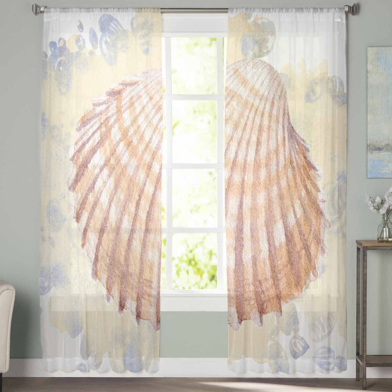 Super Six Retro Aquarell Muscheln Tüll Fenstervorhang aus Chiffon, Farbe: Weiß/Mehrfarbig, Breite: 135 cm, Höhe: 114 cm - Bild 2
