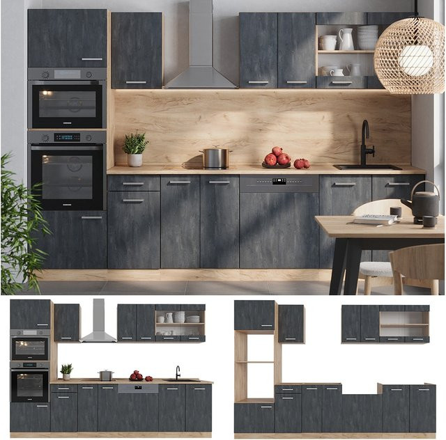 Vicco R-Line Küchenzeile modern in Schwarz Beton und Eiche mit Goldakzenten, Breite: 300 cm - Bild 1
