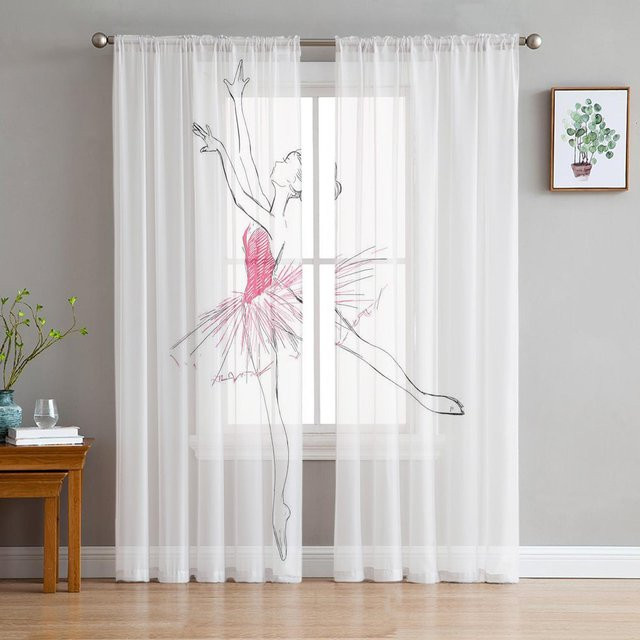 Chiffon-Fenstervorhang mit Ballett-Tänzerin und Kirschblüten-Blumenmuster in Rosa und Weiß, Breite: 100 cm, Höhe: 250 cm - Bild 1