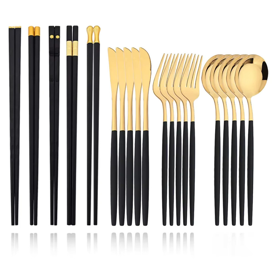 PINKTEN Koreanisches Besteckset aus Edelstahl in Schwarz und Gold, 20-teiliges Luxus-Set mit Messer, Gabel, Löffel und Stäbchen - Bild 4