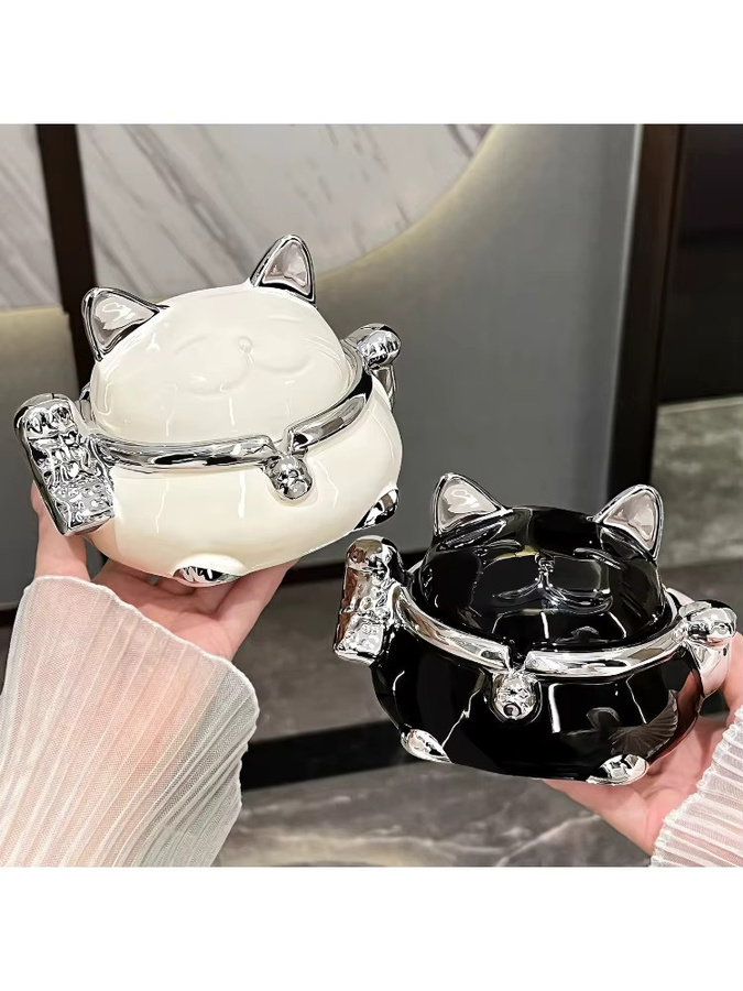 Advanced Sensation Fortune Cat Aschenbecher aus Keramik mit Deckel, modern und schwarz - Bild 4