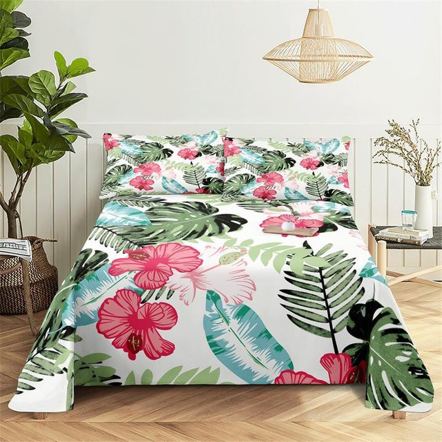 Bettwäscheset mit tropischem Blumenmuster von Binchi Outdoor Product, bestehend aus Bettbezug und Kissenbezügen, Farbe Weiß, B/H: 150 x 230 cm - Bild 1