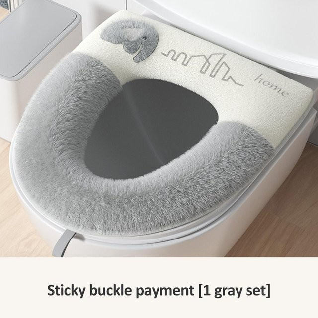 Yiran Furniture Toilettensitzauflage aus Langstapelbaumwolle mit Toilettendeckelheber, grau, waschbar - Bild 1