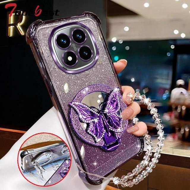 Glitzer Schmetterling Handyhülle für Xiaomi Redmi Note 15 14 13 12 11 Pro Plus 5G 4G mit Kristall Armband und Spiegel in Violett - Bild 1