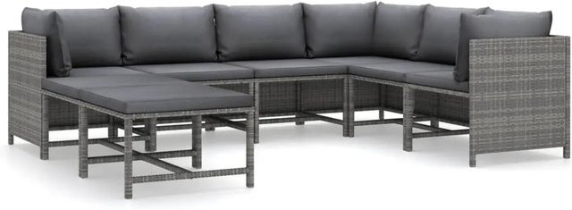 vidaXL 8-tlg Garten-Lounge-Set aus Poly Rattan in Grau mit Polstern und Fußbänken - Bild 1