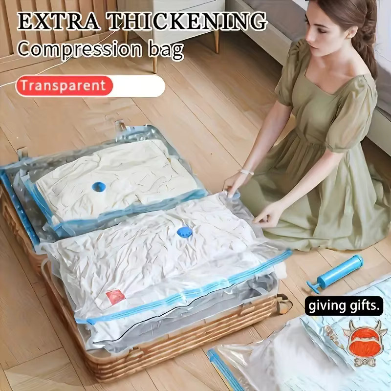 AGASHE 9-teiliges Kunststoff-Aufbewahrungsset mit manueller Pumpe, platzsparende Vakuumbeutel für Kleidung, transparent - Bild 2