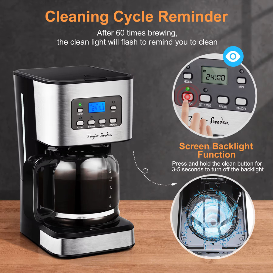 Taylor Swoden Kaffeemaschine mit 950W Leistung, 1,5L Filterkaffeemaschine für 12 Tassen mit Timer, programmierbarer Abschaltautomatik, Tropf-Stopp-Funktion, Warmhalteplatte und wiederverwendbarem Dauerfilter - Bild 6
