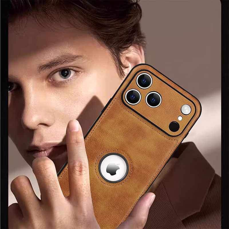 Luxuriöse Lederhülle für Apple iPhone mit Logo-Ansicht und Kameraobjektivschutz in Schwarz oder Braun - Bild 3