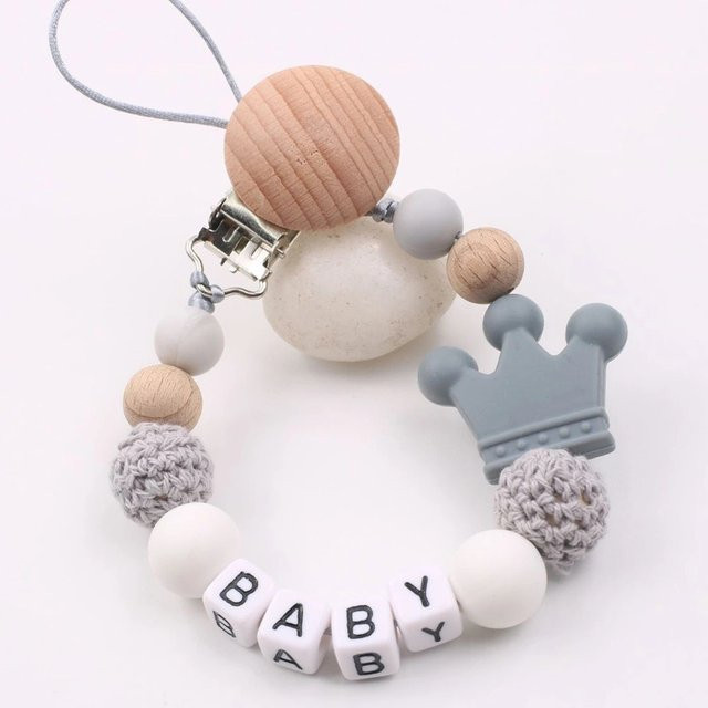 Baby Schnuller Clip Kette aus Silikon in Krone-Optik, BPA-frei, Grau und Mehrfarbig - Bild 1