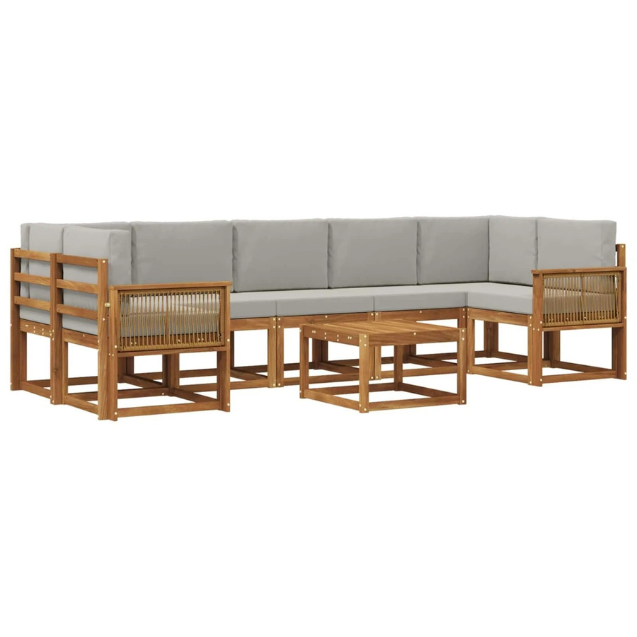 vidaXL Outdoor-Sofagarnitur 8-teilig in L-Form aus Akazienholz und Polyester in Natur und Hellgrau - Bild 2