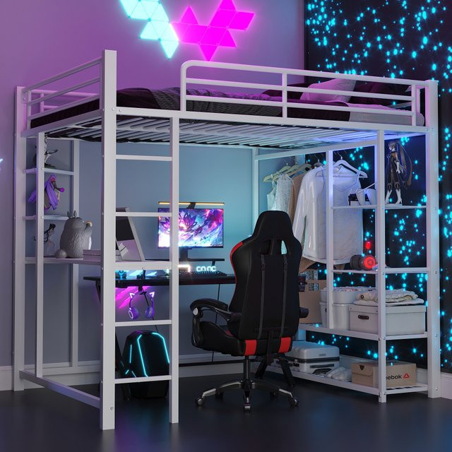 Multifunktionales Metall-Hochbett für Kinder und Jugendliche in Weiß mit Tisch, Kleiderbügeln und Aufbewahrungsfächern, B/T: 140 x 200 cm - Bild 1