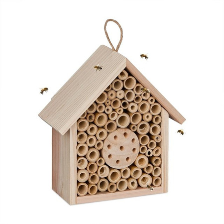 Relaxdays Bienenhotel aus Tannenholz und Bambus in Natur Unbehandelt, B/T/H: 20,5 x 19,5 x 8,5 cm