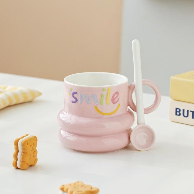 Keramikbecher mit Löffel und lächelndem Gesicht, Wasserbecher und Kaffeetasse für Schüler und Erwachsene, 400 ml - Bild 1