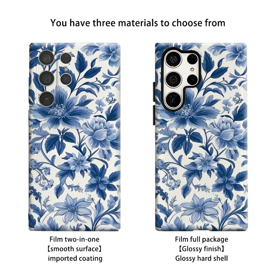 Aurbe Handyhülle für Samsung Galaxy S26 S25 S24 S23 Ultra Plus in Blau mit Blumenmuster im Porzellan-Stil und HD Hart-Doppelschicht-Filmhülle - Bild 2