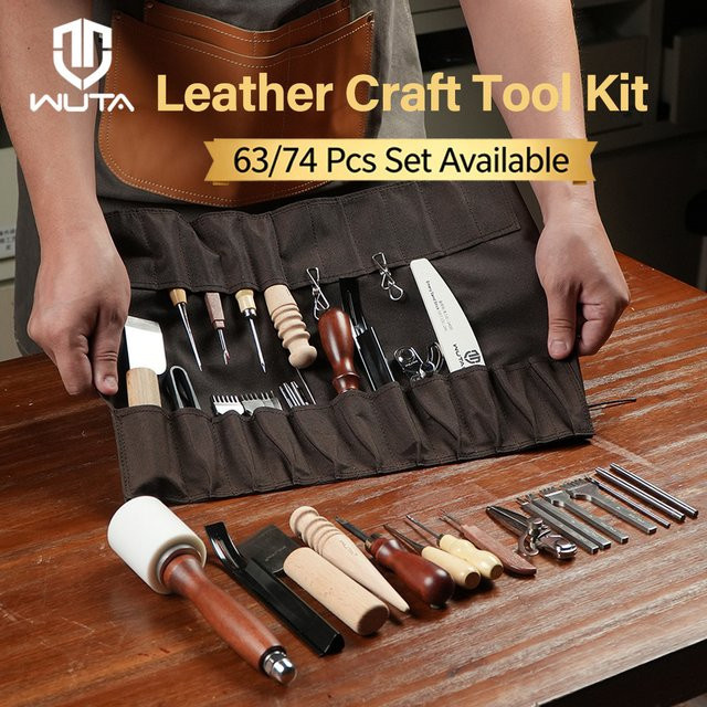 WUTA Lederhandwerk-Werkzeugset mit 63 bis 74 Teilen für Anfänger zum Nähen, Stanzen und Schneiden für professionelles Basteln und DIY-Reparaturen - Bild 1