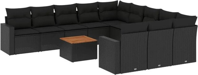 vidaXL 12-tlg. Garten-Sofagarnitur in L-Form aus Polyrattan und Akazienholz mit Kissen, Schwarz - Bild 1