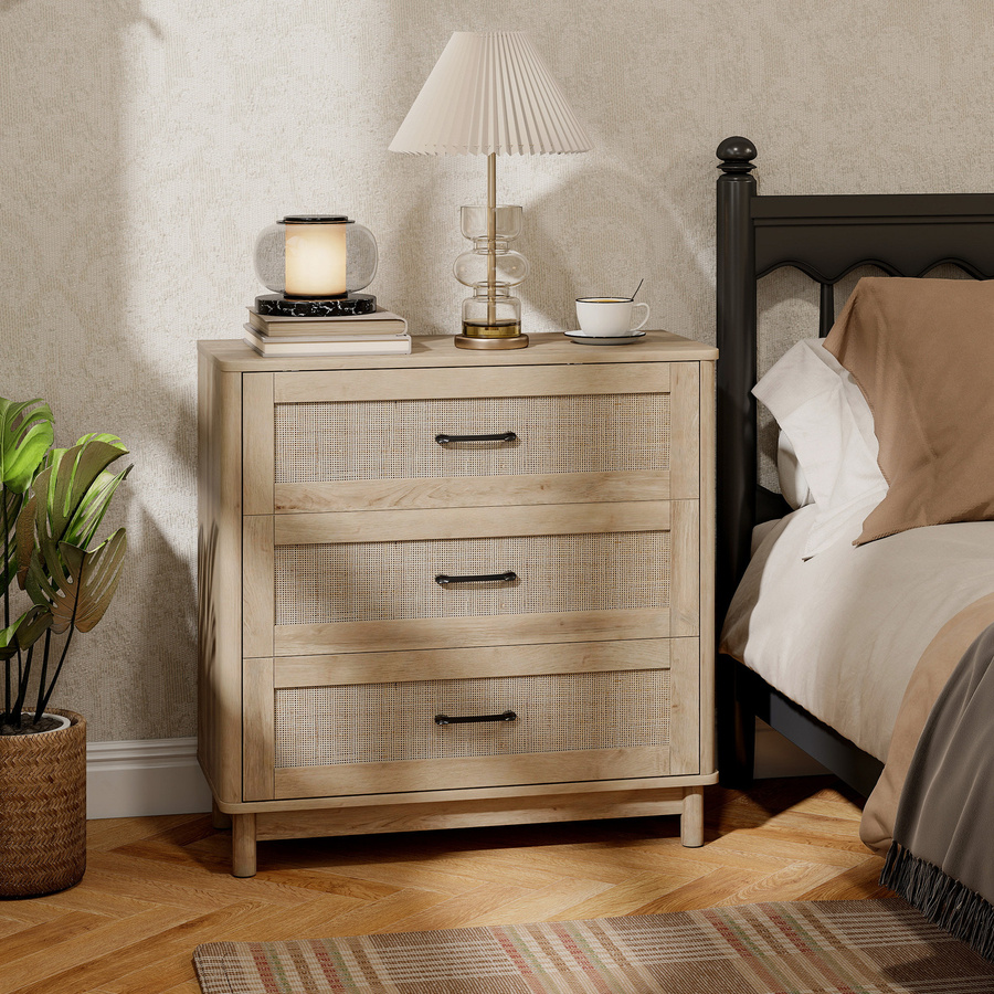 HOMCOM Kommode mit 3 Schubladen aus Rattan und Massivholzfüßen im Boho-Stil, Farbe: Eiche/Beige, B/T/H: 76 x 35 x 76 cm - Bild 2