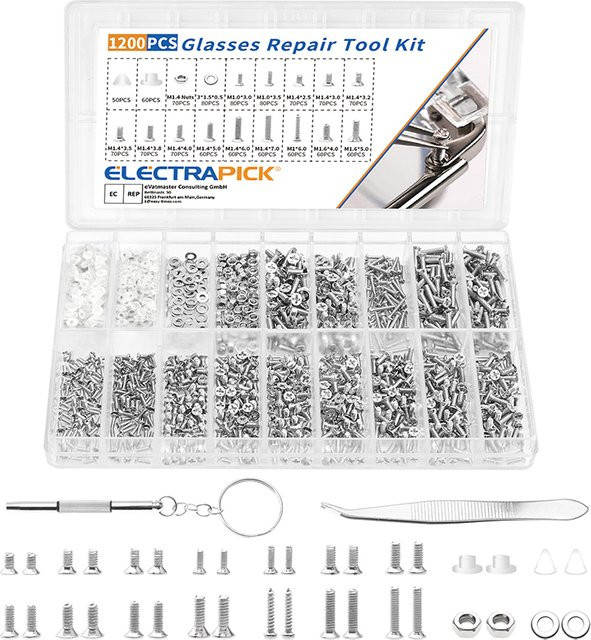 1200-teiliges Brillen-Reparatursatz in Silber mit Schrauben, Muttern, Pinzette und Schraubendreher sowie Nasenpads - Bild 1