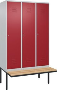 C+P Spind Classic PLUS Garderobenschrank mit Sitzbank, 3 Abteile, B/T/H: 212 x 120 x 81,5 cm, Zylinderschloss, 4 Garderobenhaken, mittige Trennwand, auskragende Sitzbank, Buche-Hartholz und Stahl - Bild 1