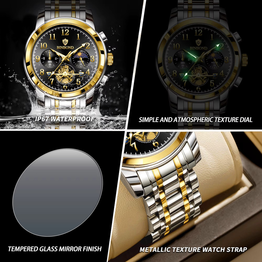 BINBOND Chronograph, Quarz, Edelstahl, Schwarz, Herren - Bild 6
