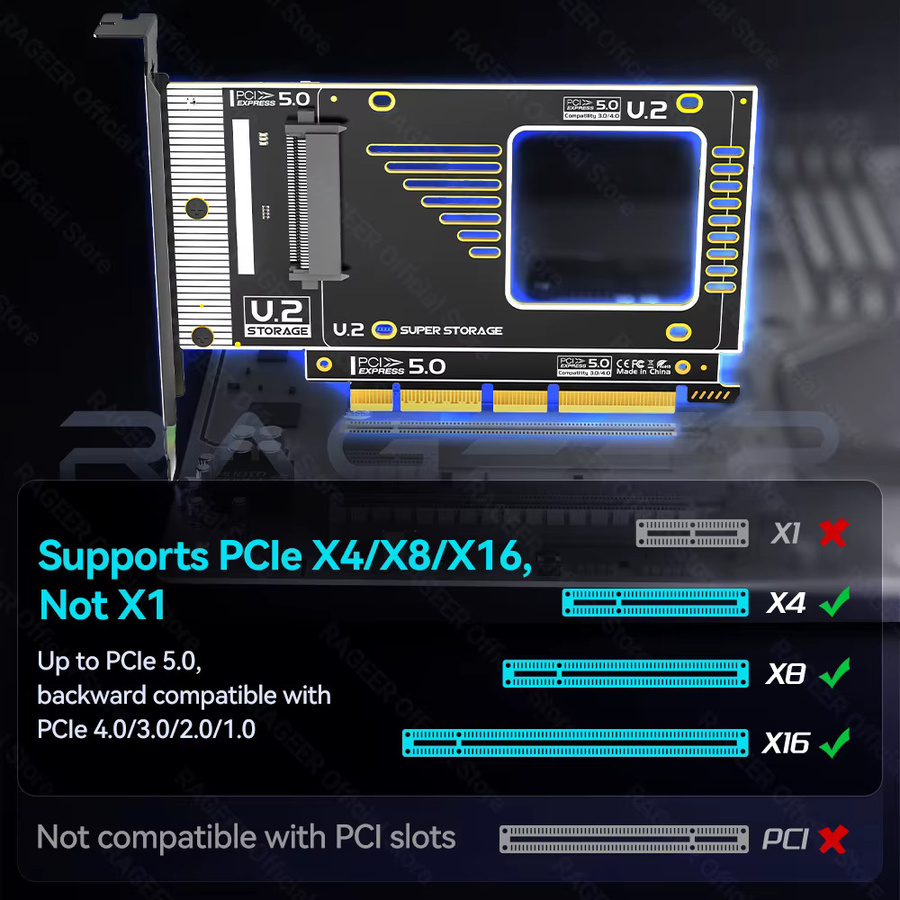 RAGEER PCIe 5.0 zu U.2 SFF-8639 Adapter für U.2 SSD zu PCIe X4/X8/X16 Erweiterungskarte, 128Gbps, Schwarz - Bild 4