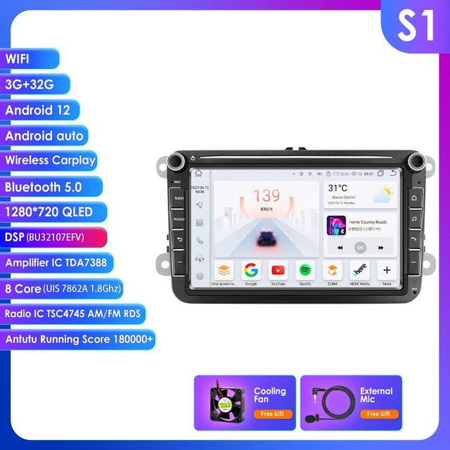 Ossuret 8 Zoll 2 DIN Multimedia-Player Android 13 mit Carplay und GPS für Volkswagen Golf 5 Transporter VW Passat B6 Polo Jetta Skoda Seat in Schwarz (32G/3G) - Bild 1